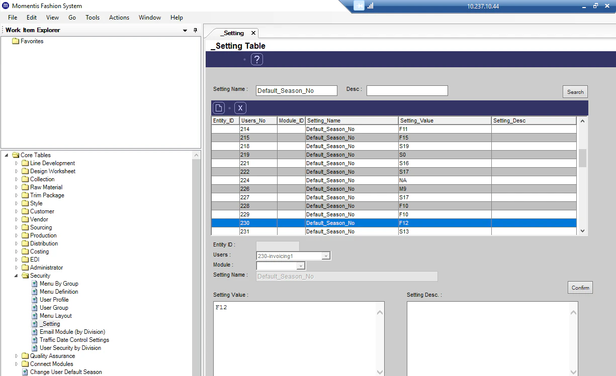 screenshot of Aptean Apparel ERP Momentis Edition